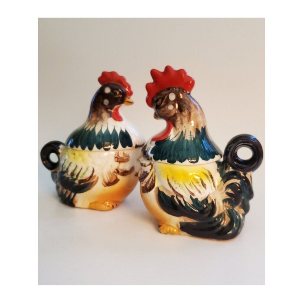 Vtg Grandmacore Rooster & Hen/Chicken Sugar Creamer & Salt Pepper Kitsch Japan